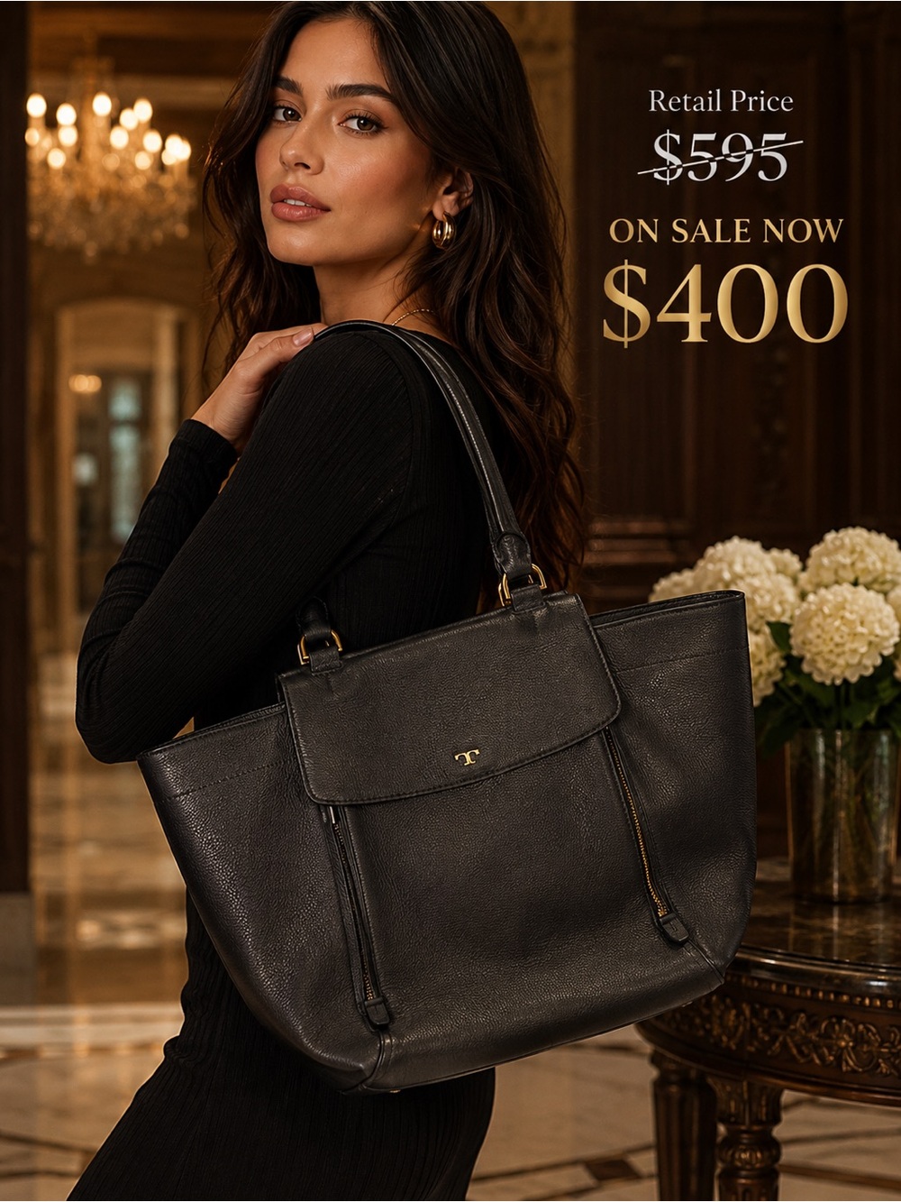 Tory Burch Black Pebbled Leather Tote with Gold Logo